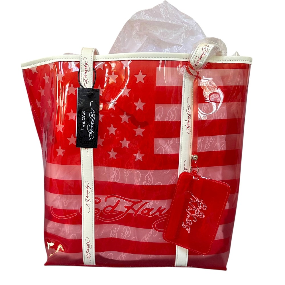 Ed Hardy‎ NWT American Flag PVC Tote Bag Red Stars Stripes Y2K Beach Bag + Pouch